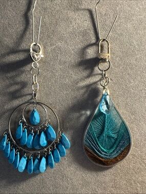 Hand Crafted Teal Blue Mismatched Feather & Beaded Drop Earrings